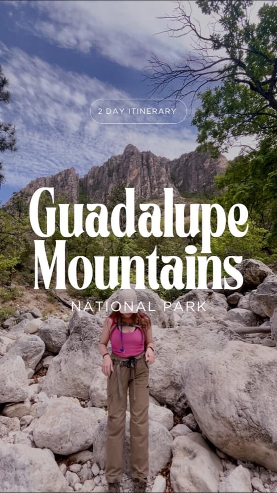 Guadalupe Mountains title over a hiker on a rocky ridge